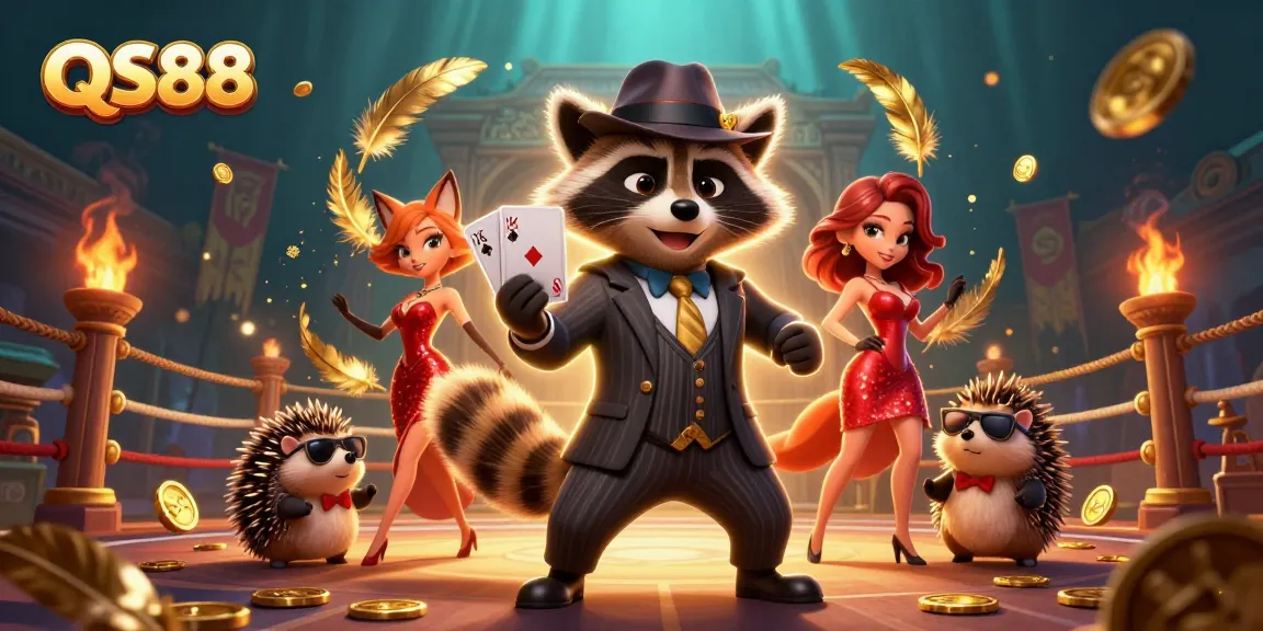 Experience the excitement of QS88 with a suave raccoon, glamorous fox, and vibrant casino elements.