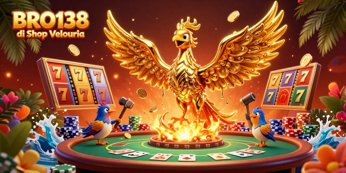 Experience thrilling gameplay at BRO138 di Shop Velouria with dazzling slot reels and vibrant casino elements.