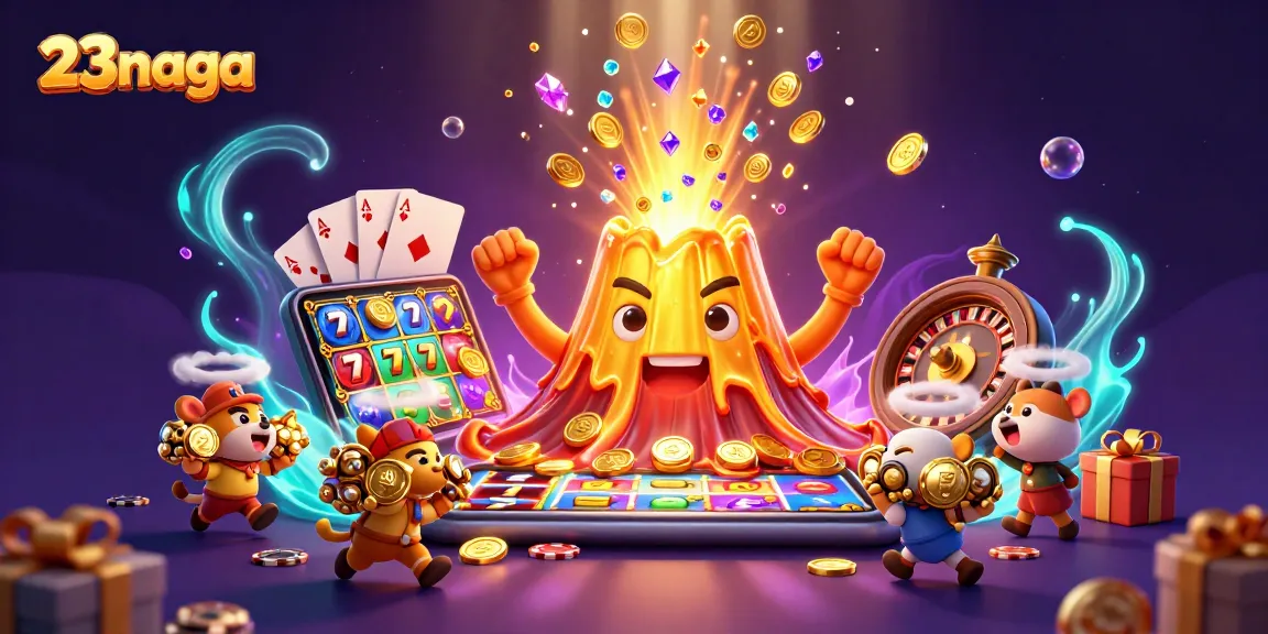 Engage with 23naga's vibrant slot adventure featuring a golden volcano and treasure-fleeing animals.