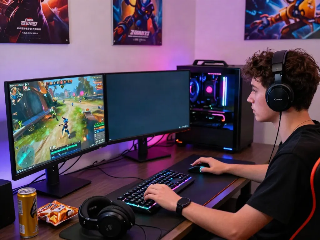 A gamer immersed in a dynamic online gaming session featuring bro138 on multiple screens with vibrant LED lights.