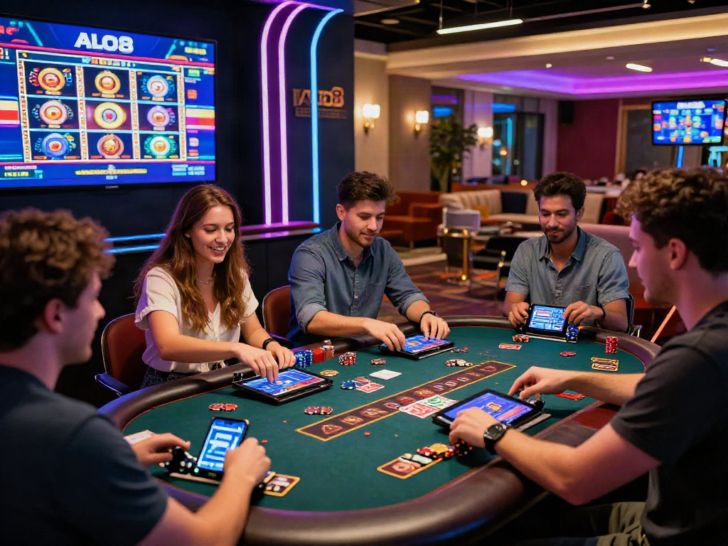 Friends enjoying an online gaming experience with ALO8 logo in bright casino atmosphere.