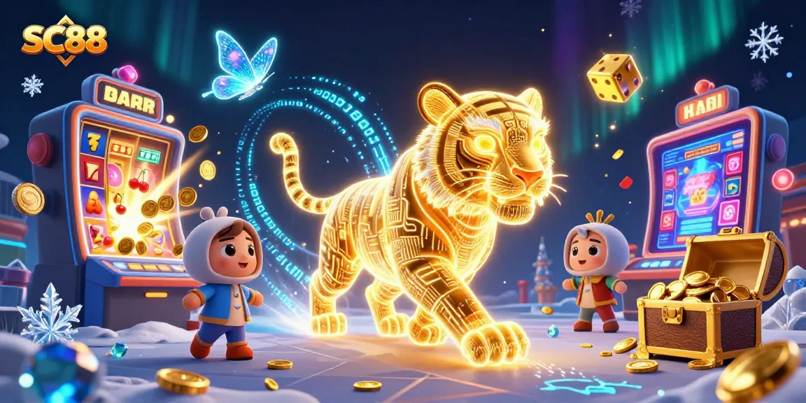 Experience SC88's vibrant digital casino with a neon tiger and a jackpot explosion of coins.