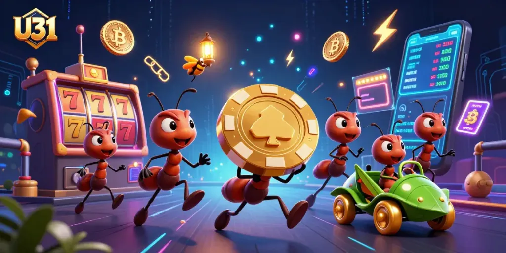 U31 heist scene with cartoon ants, poker chip, and immersive casino elements
