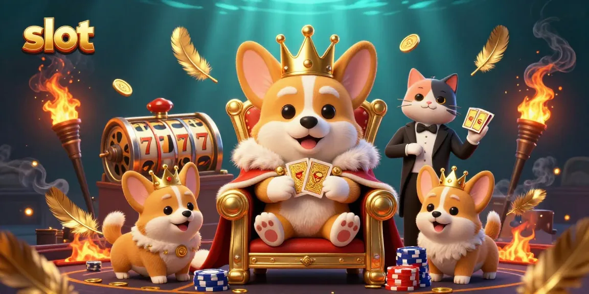 Spin to win at slot games with a regal corgi and futuristic decor, showcasing excitement and rewards.