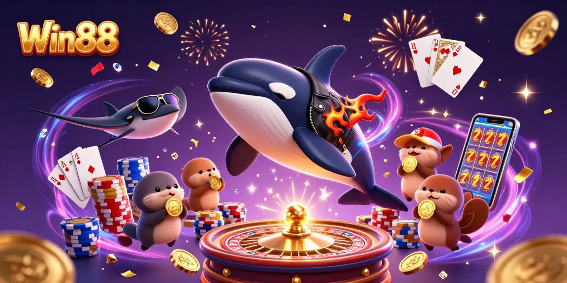 Win88 brings excitement with 3D characters and lively casino elements in a vibrant interactive scene.