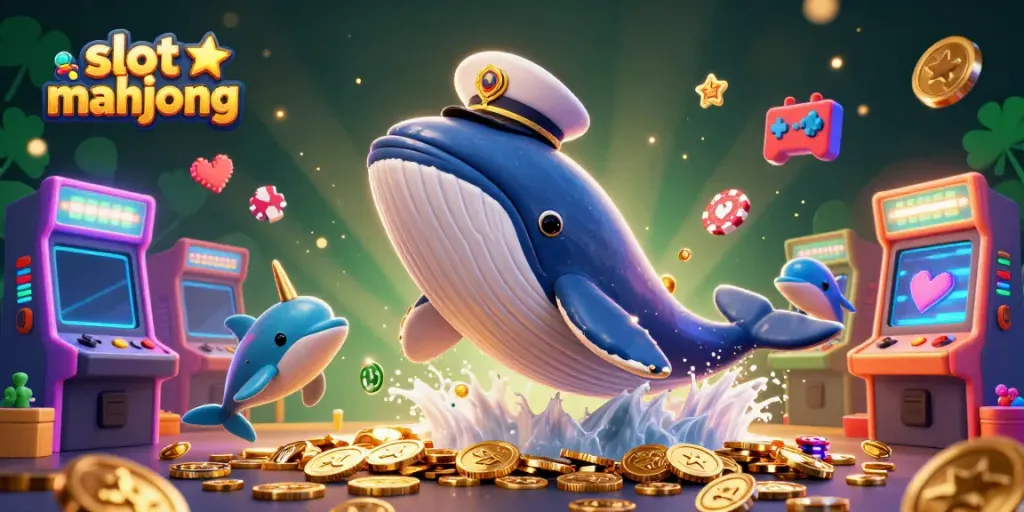 Slot mahjong beraksi dalam gambar 3D ceria bersama ikan paus, narwhal, dan lumba-lumba dengan chip kasino.