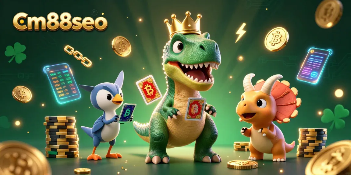 Join cm88seo for an exciting casino scene featuring friendly dinosaurs and vibrant cryptocurrency elements.