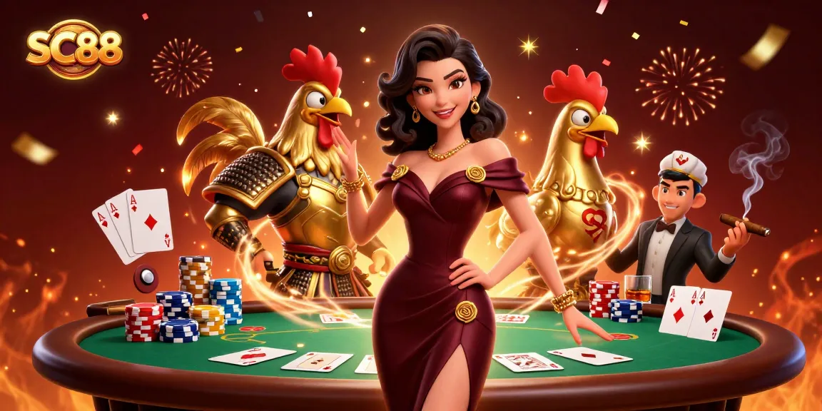 Experience excitement at SC88 casino with vibrant poker table scene filled with game elements.