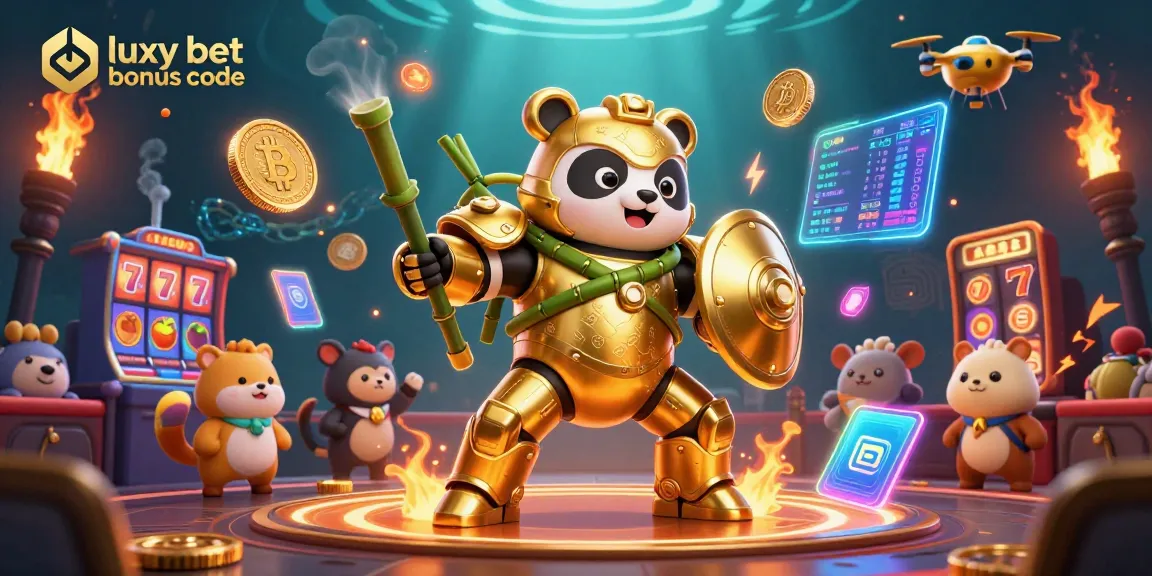 Engage with the luxy bet bonus code in an exciting casino-themed 3D illustration, featuring a golden panda and vibrant game elements.