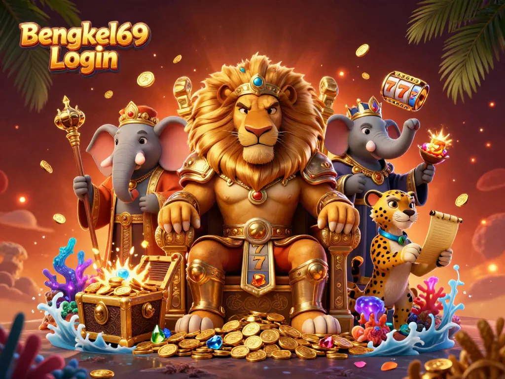 Engage with the thrilling experience of Bengkel69 Login featuring dynamic slot games and vibrant casino imagery.