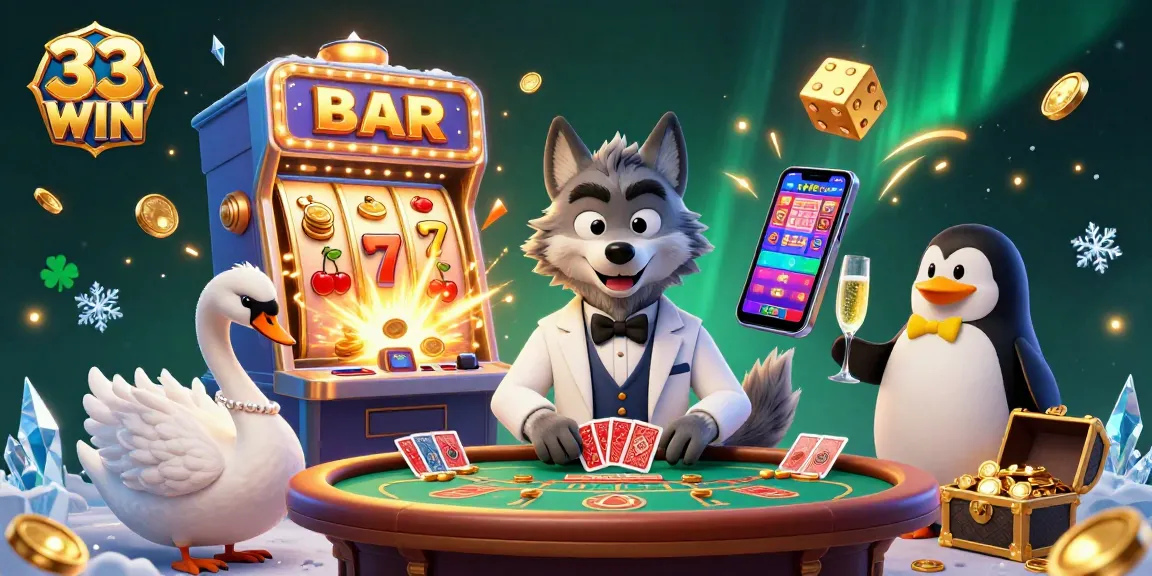 Celebrate winning at 33 WIN casino with a lively scene of cartoon characters around exciting games.