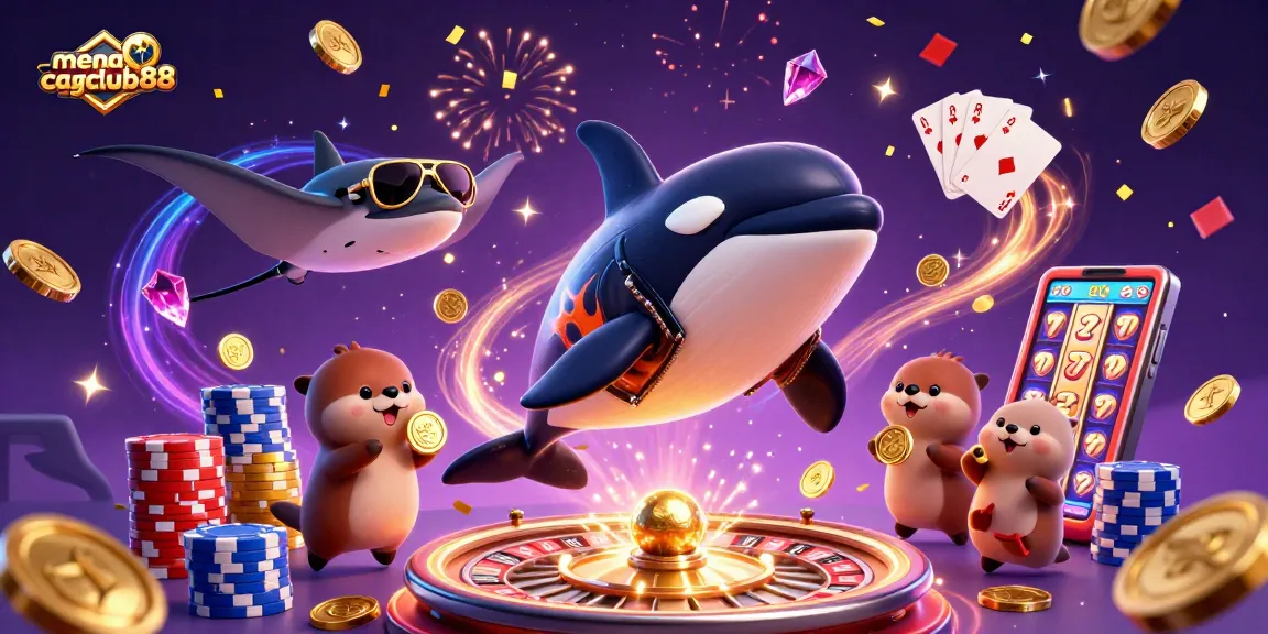 Experience exhilarating wins with menangclub88, featuring playful cartoon orca, stingray, and otters amid golden coins.