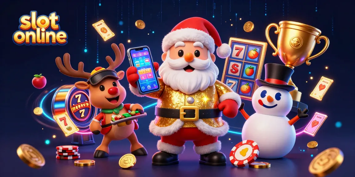 Spin to win with slot online games featuring a festive Santa, slots, and casino elements.