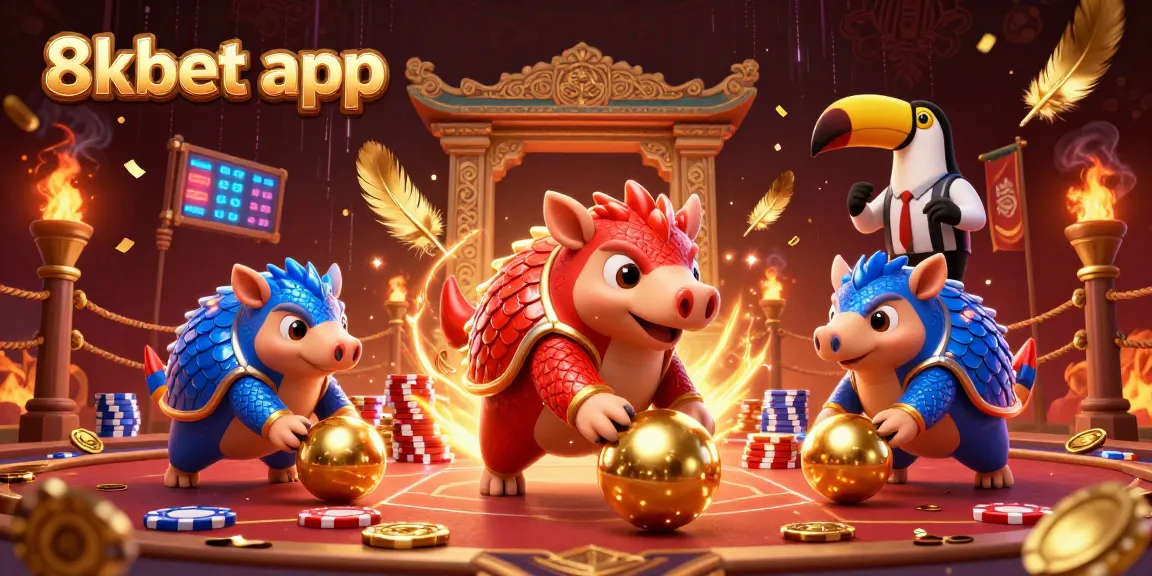 Experience the excitement of the 8xbet app with cartoon pangolins bowling poker chips in a vibrant casino scene.