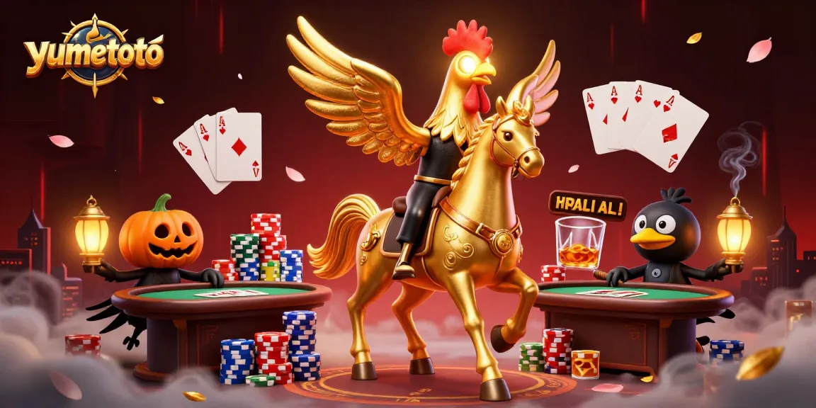 Experience yumetoto's vibrant casino scene with a golden rooster and dramatic poker elements.