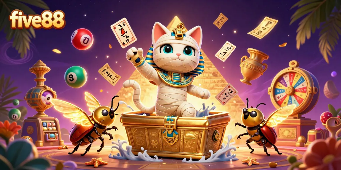 Play exciting games at five88 with vibrant illustrations of a mummy cat, golden elements and lottery excitement.