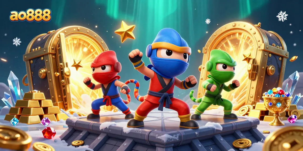 Synchronized chameleon ninjas illustrate ao888's thrilling casino adventures showcasing wealth.