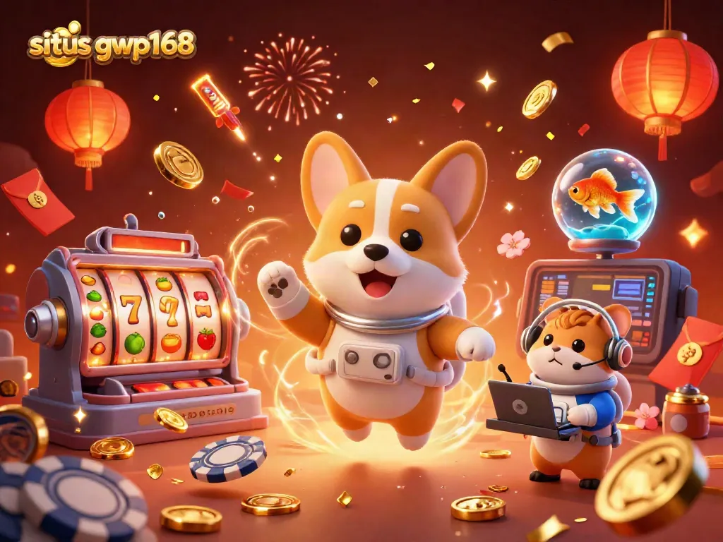 Slot permainan menyenangkan di situs gwp168, corgi astronot, dan koin emas melayang.
