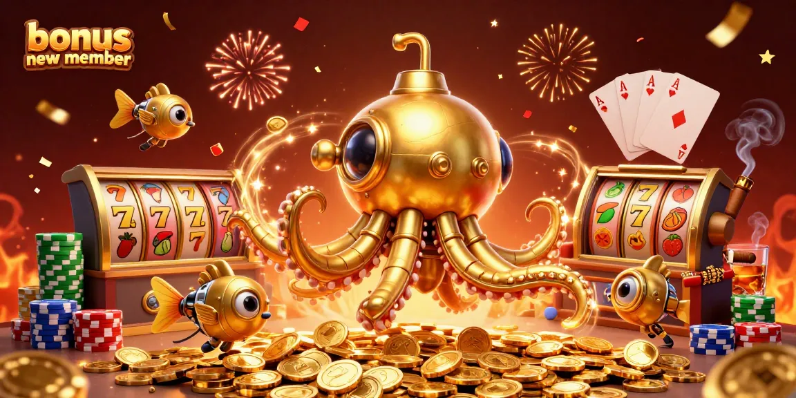 Experience the thrill of bonus new member promotions with a dynamic casino scene featuring a golden kraken and slot elements.