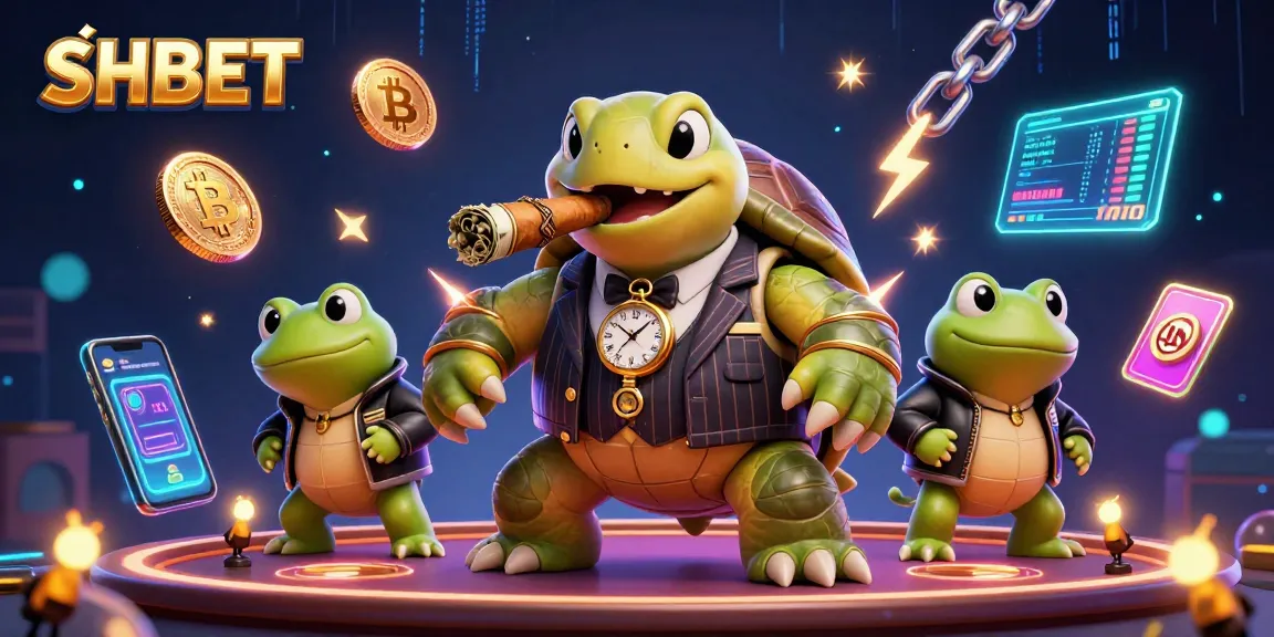 Bet and win with SHBET in a vibrant casino scene featuring turtles and bullfrogs.