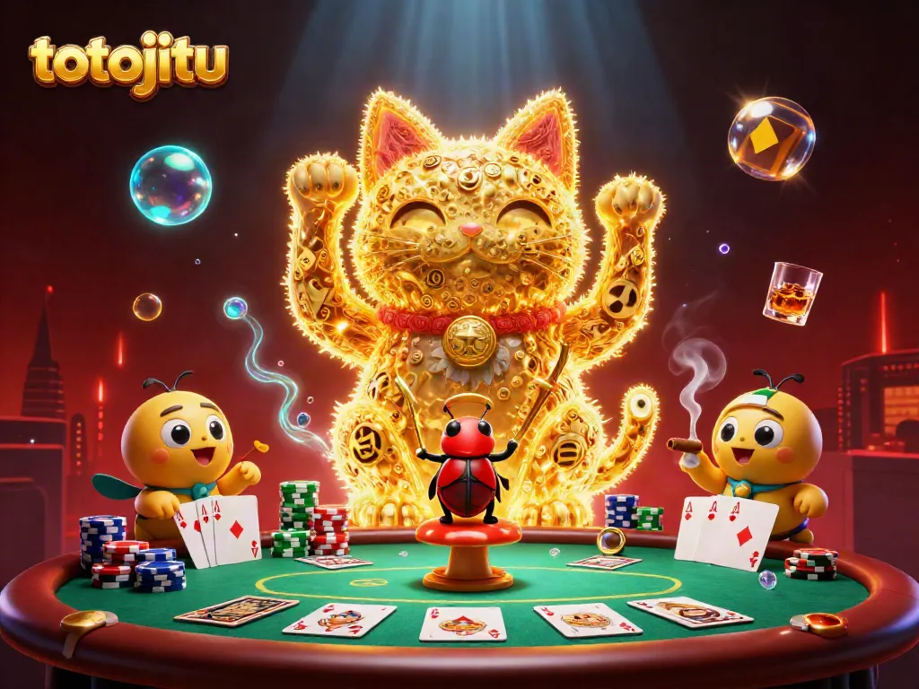 Experience luck with totojitu's vibrant 3D visual of a lucky cat amidst poker game elements.