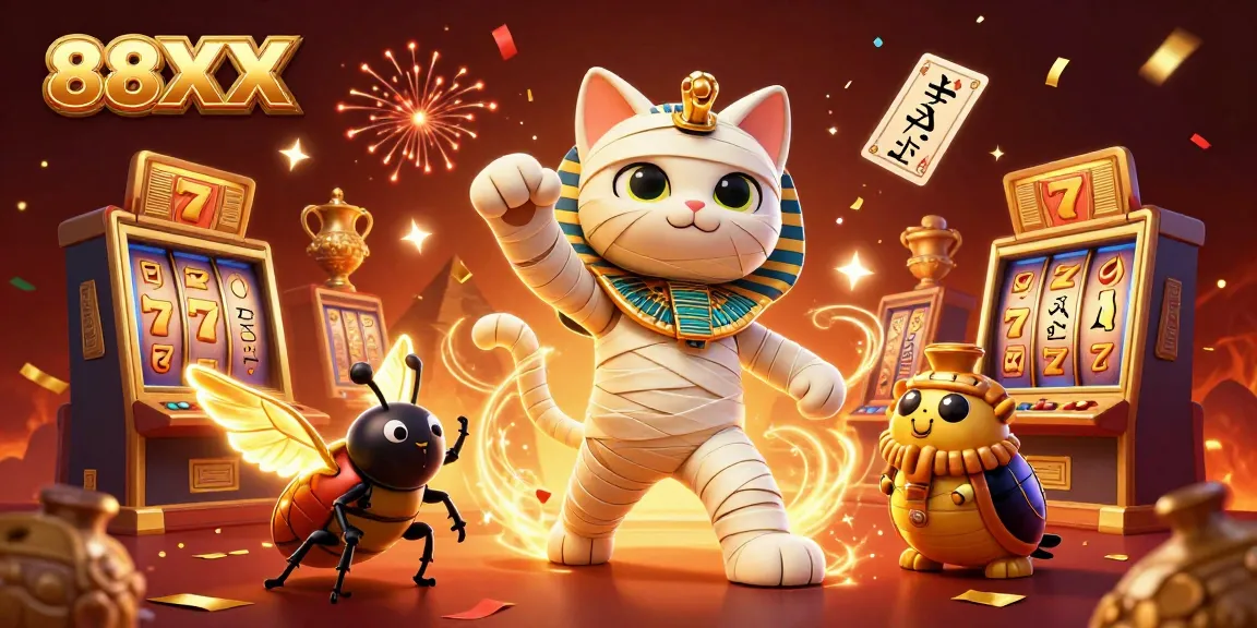 Engage with 88XX in an electrifying pyramid casino scene filled with vibrant gaming elements.