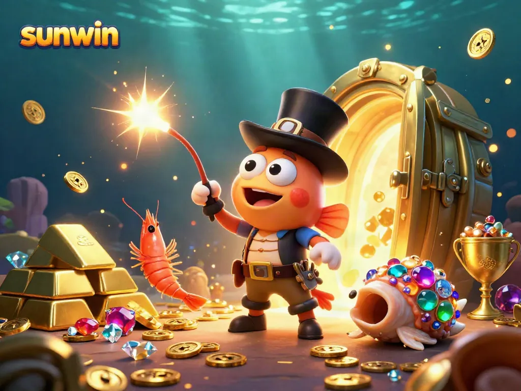 Engage with sunwin's thrilling rewards as the anglerfish attracts golden treasures in a vibrant underwater casino scene.