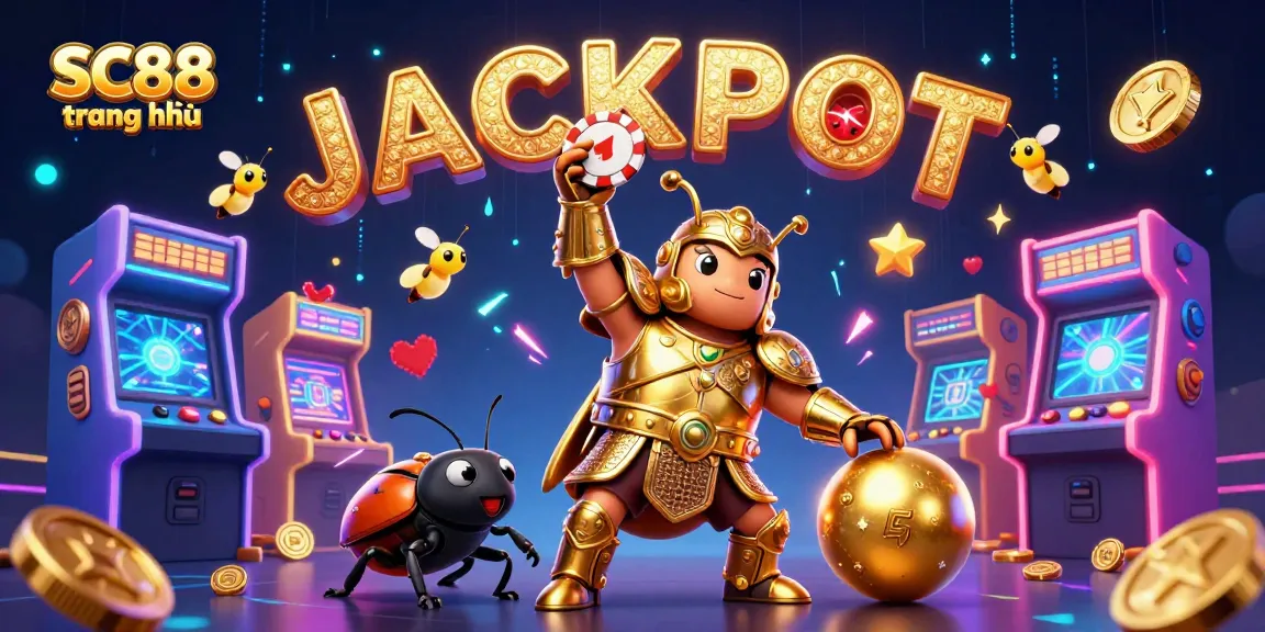 Experience online gaming with SC88 trang chủ, featuring a victorious beetle and dazzling casino elements.