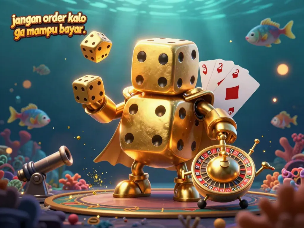 Experience the thrill of fish shooting games with "jangan order kalo ga mampu bayar.." sparkling in a vibrant underwater scene.