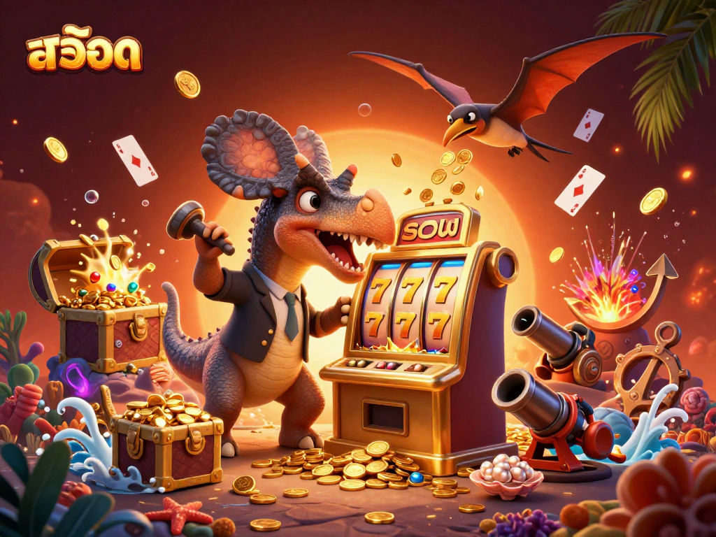 สล็อต jackpot scene with a pachycephalosaurus headbutting a slot machine, coins flying