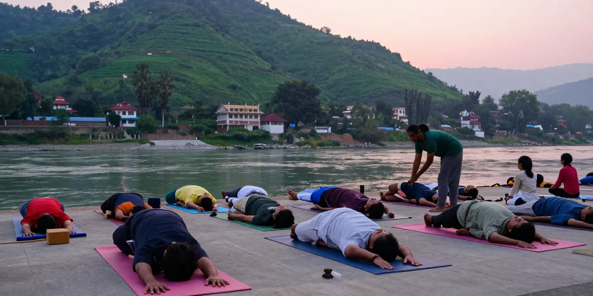 Best yoga teacher training in Rishikesh India with diverse students practicing yoga at dawn by the Ganga.