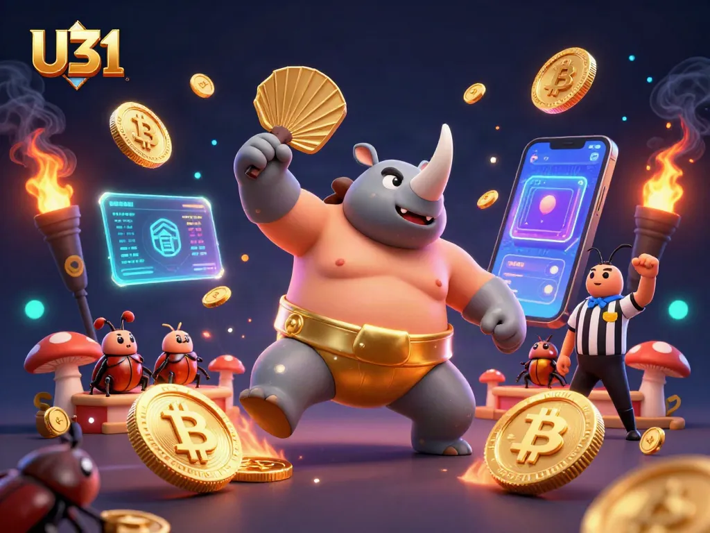 Participate in the U31 gaming adventure with dynamic casino-themed characters amidst flying coins and crypto elements.