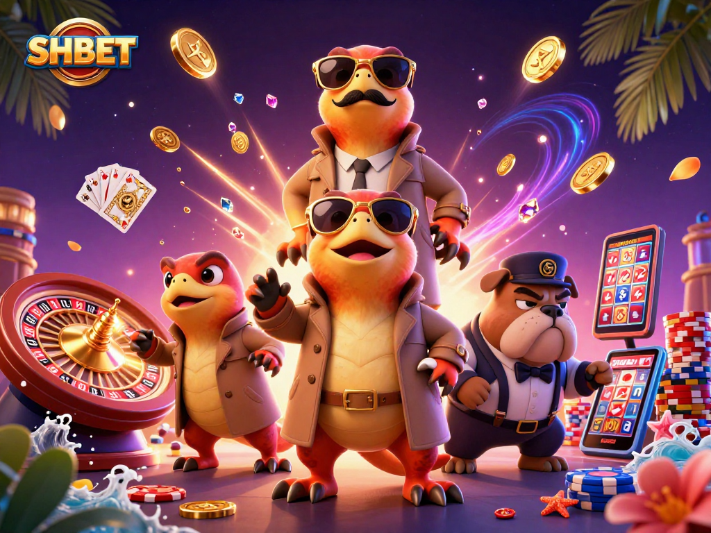 Experience fun at SHBET with playful raptors in a trendy casino scene filled with excitement.