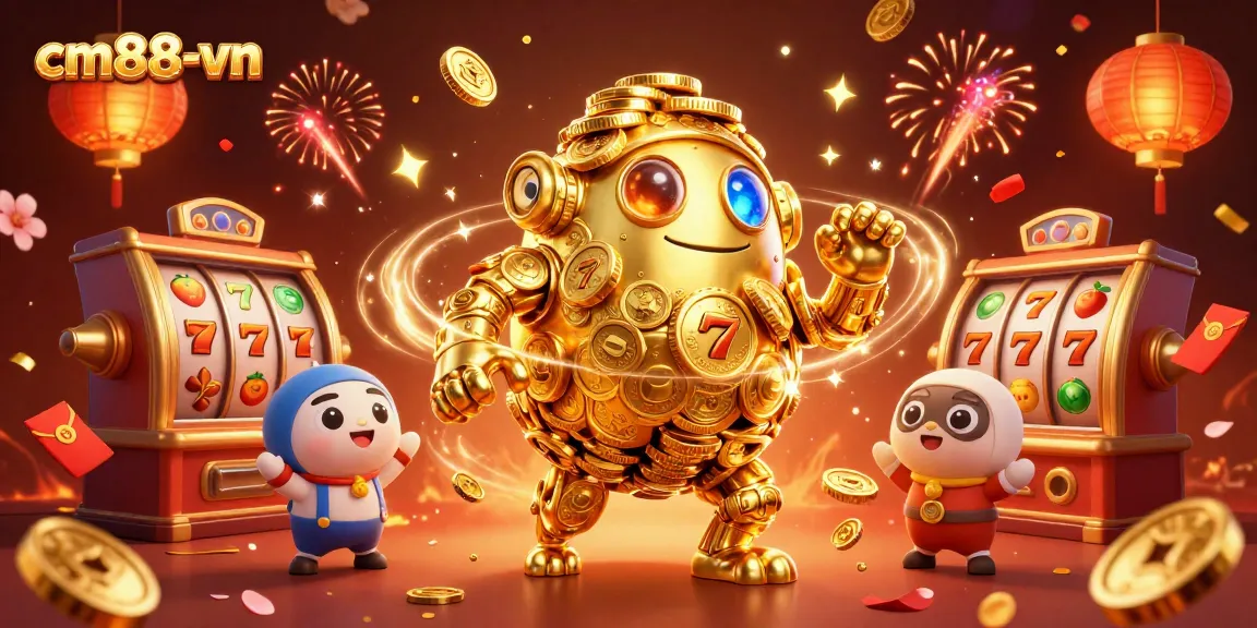 Engage with cm88-vn's captivating casino experiences depicted through golden golems and vibrant slot reels.