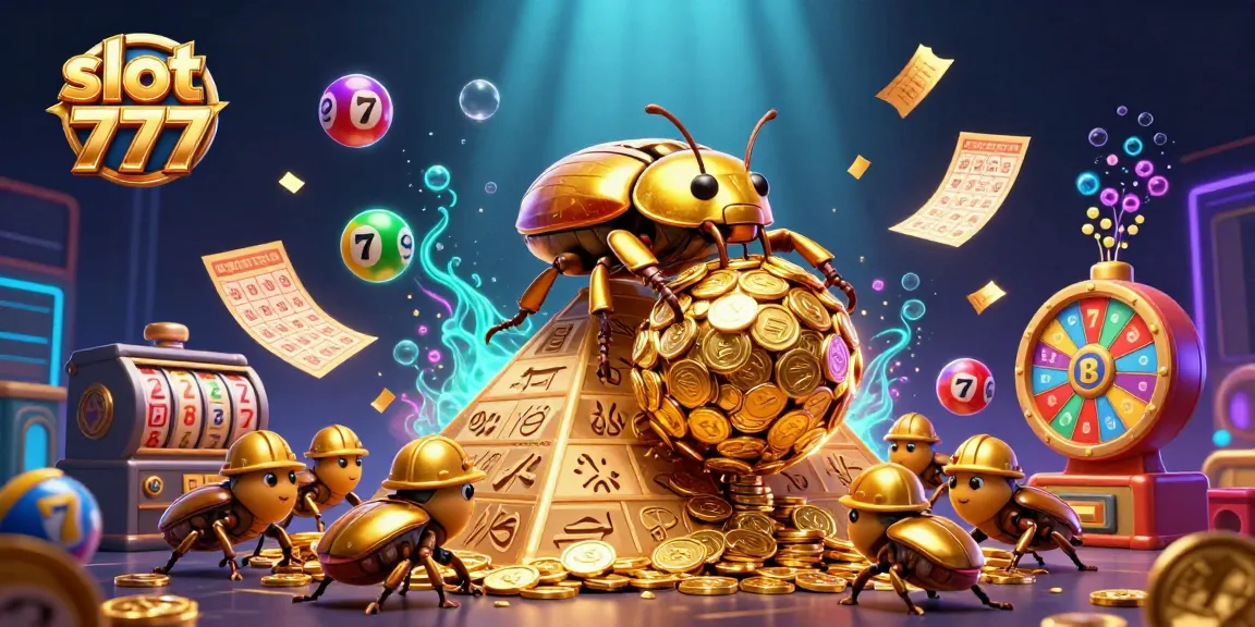 Engage in exhilarating action with slot 777 as golden beetles navigate a pyramid of coins amidst vibrant casino elements.