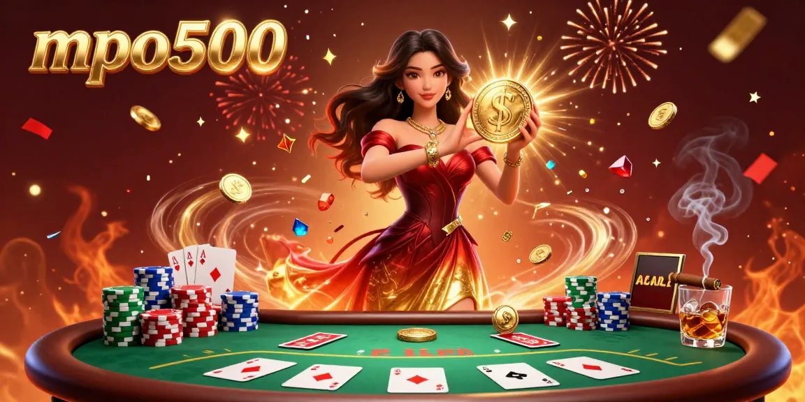 Play poker and win big with mpo500 in an electrifying casino scene featuring gold coins and action.