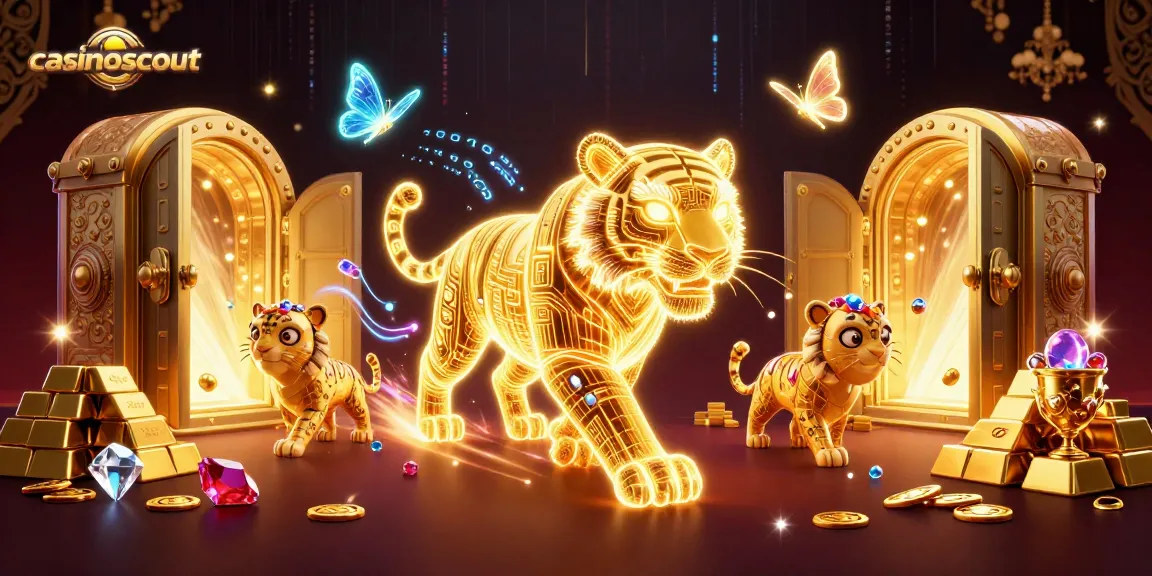 Experience casinoscout’s vibrant digital casino with golden tiger and glowing treasures.