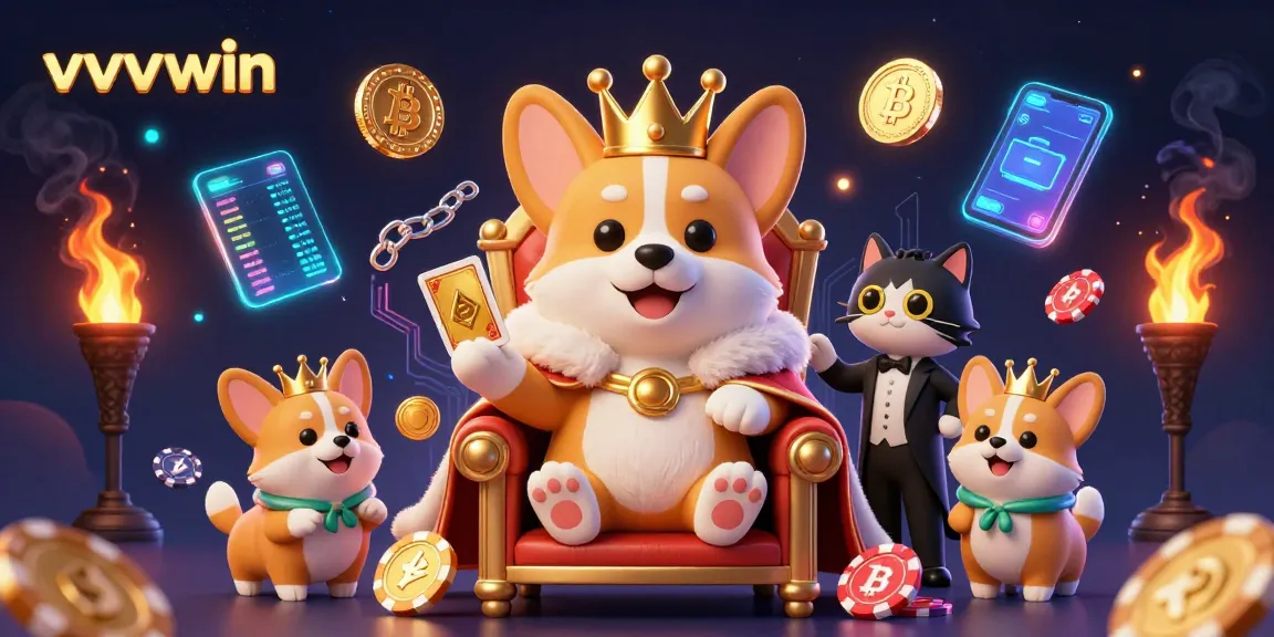 Experience vvvwin’s dynamic gaming with royal corgi and crypto coins in an immersive casino scene.
