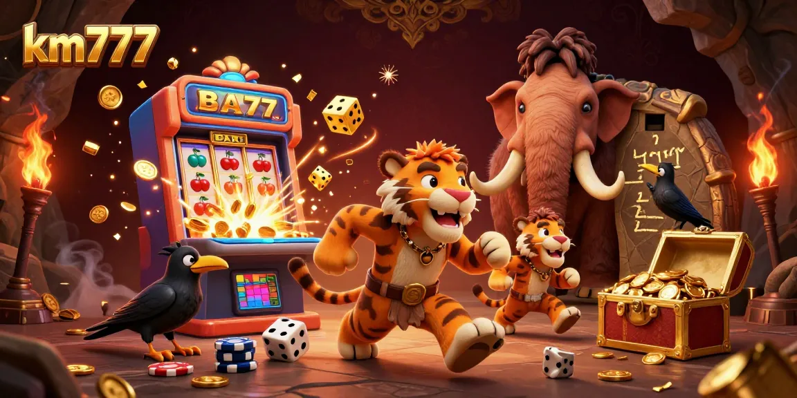 km777 casino illustration featuring a caveman and sabertooth duo amidst slot machine excitement and vibrant game elements.