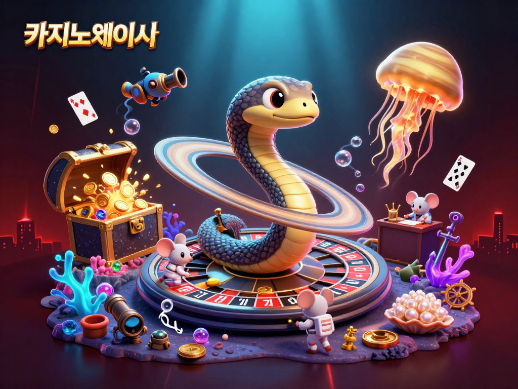 카지노사이트에서 슬롯과 바카라 테이블을 배경으로 한 별과 역동적인 우주 캐릭터들의 모습입니다.