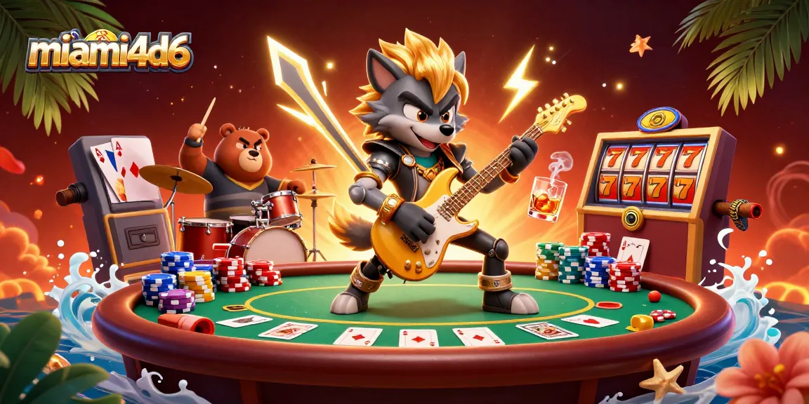 Experience high-energy fun with miami4d6's vibrant gambling scene of cartoon characters and casino elements.