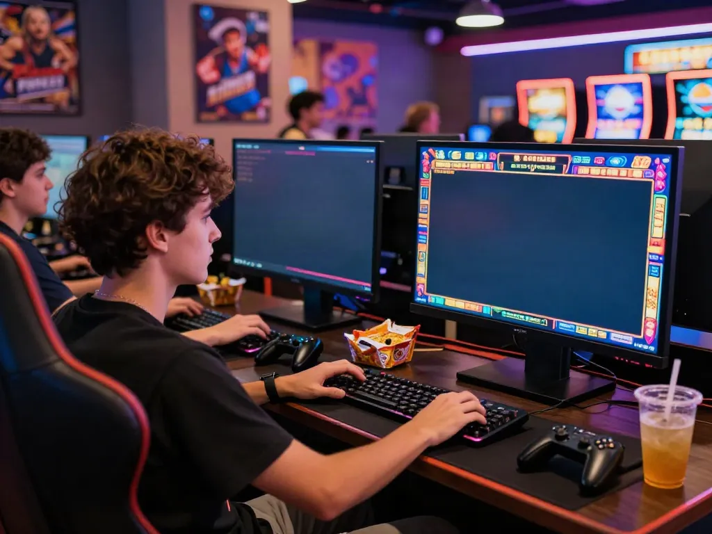 Engaged player enjoying akunjp online slot games in dynamic gaming setup.