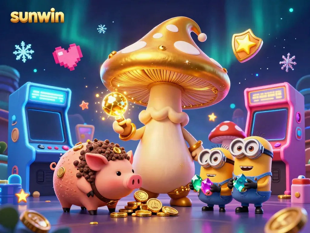 Experience the excitement of sunwin with a golden mushroom wizard and gaming elements in a vibrant scene.