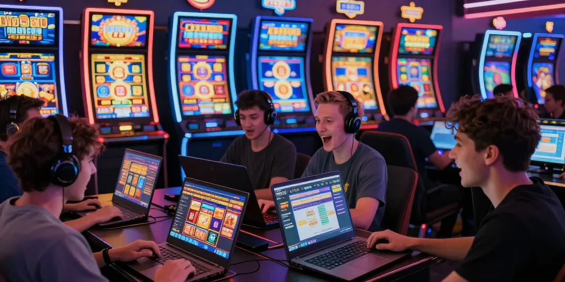 Pengalaman bermain slot online dengan pemain antusias dan mesin slot berwarna-warni.