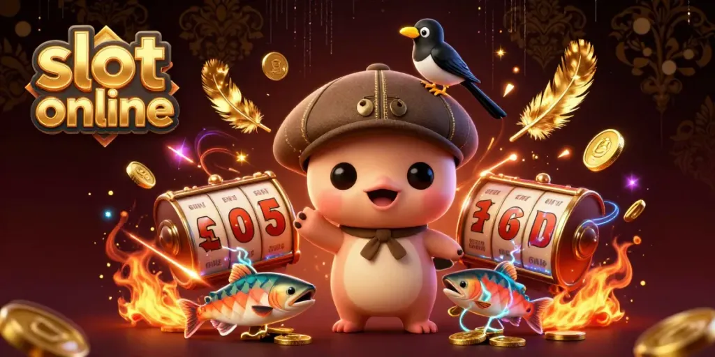 Experience the thrill of slot online gaming with adorable 3D characters surrounded by vibrant casino elements.