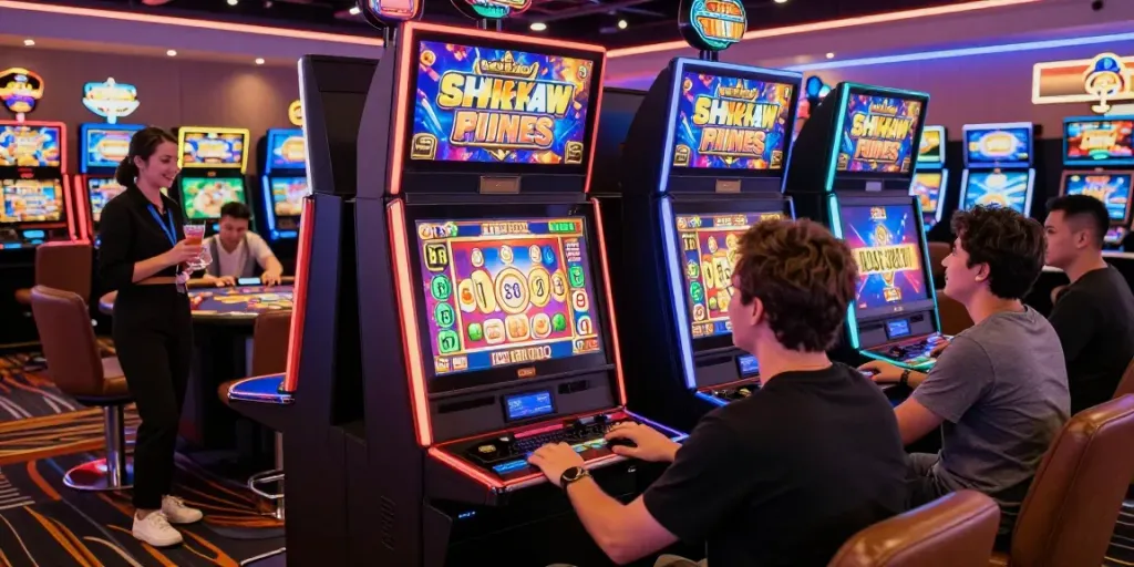 Engaged player at slot888 machine in vibrant digital gaming environment with neon lights.