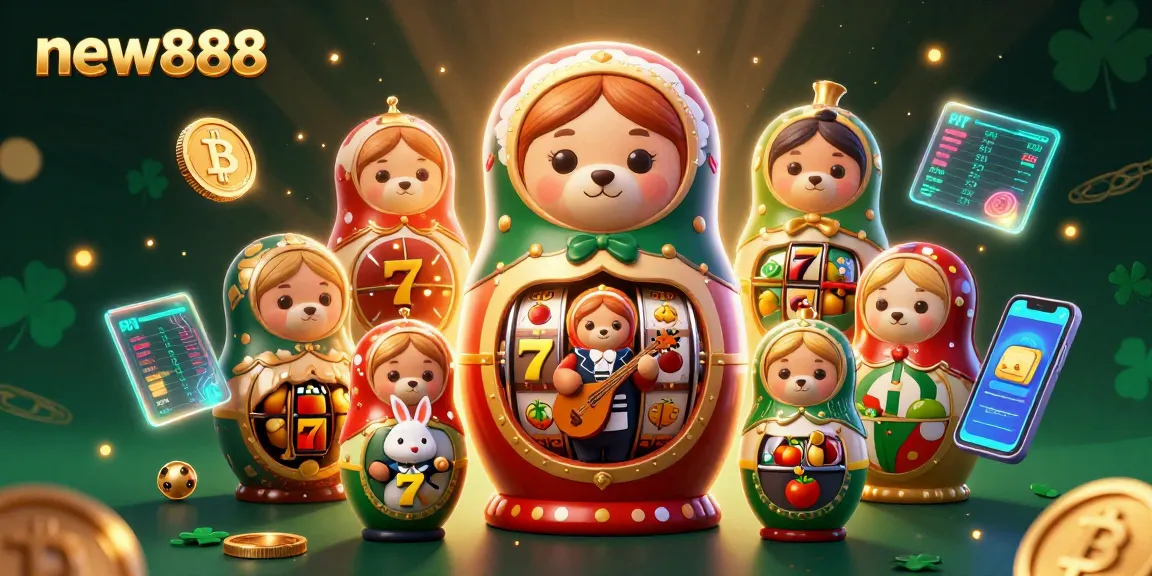 Experience new888 with this vibrant illustration of casino elements, featuring stacked slot reels and a charming bear.