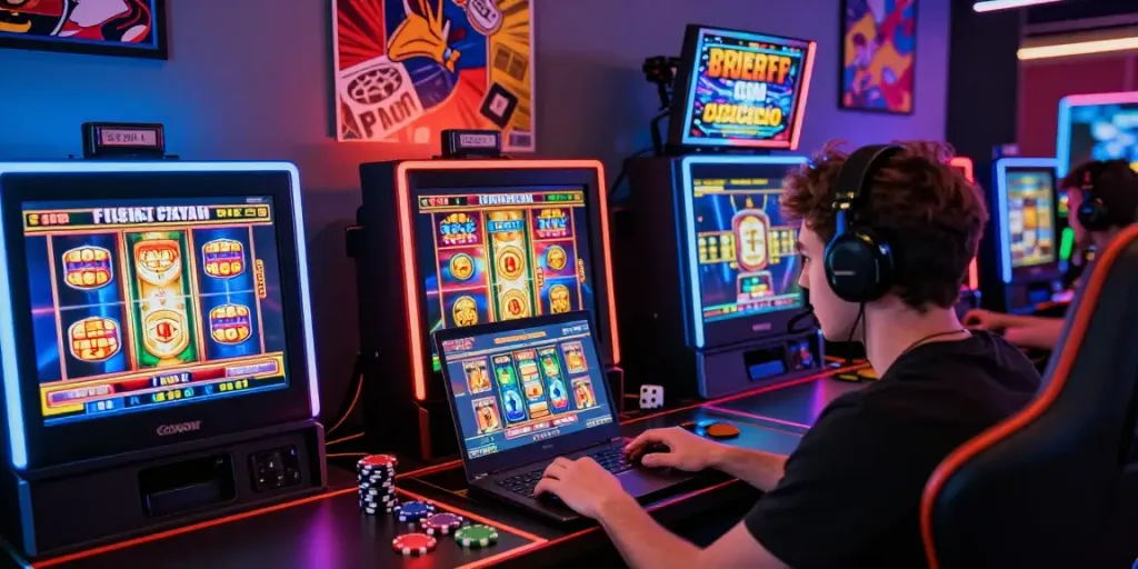 Player engaged in a slot jackpot game with vibrant graphics and gaming decor.