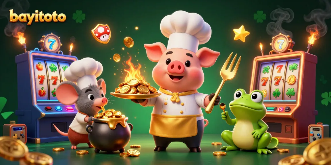 Experience bayitoto with a vibrant scene of characters enjoying casino slots and gold coins.