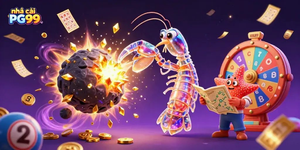 Experience thrilling excitement at nhà cái PG99 with a galactic samurai mantis shrimp and vibrant casino elements.